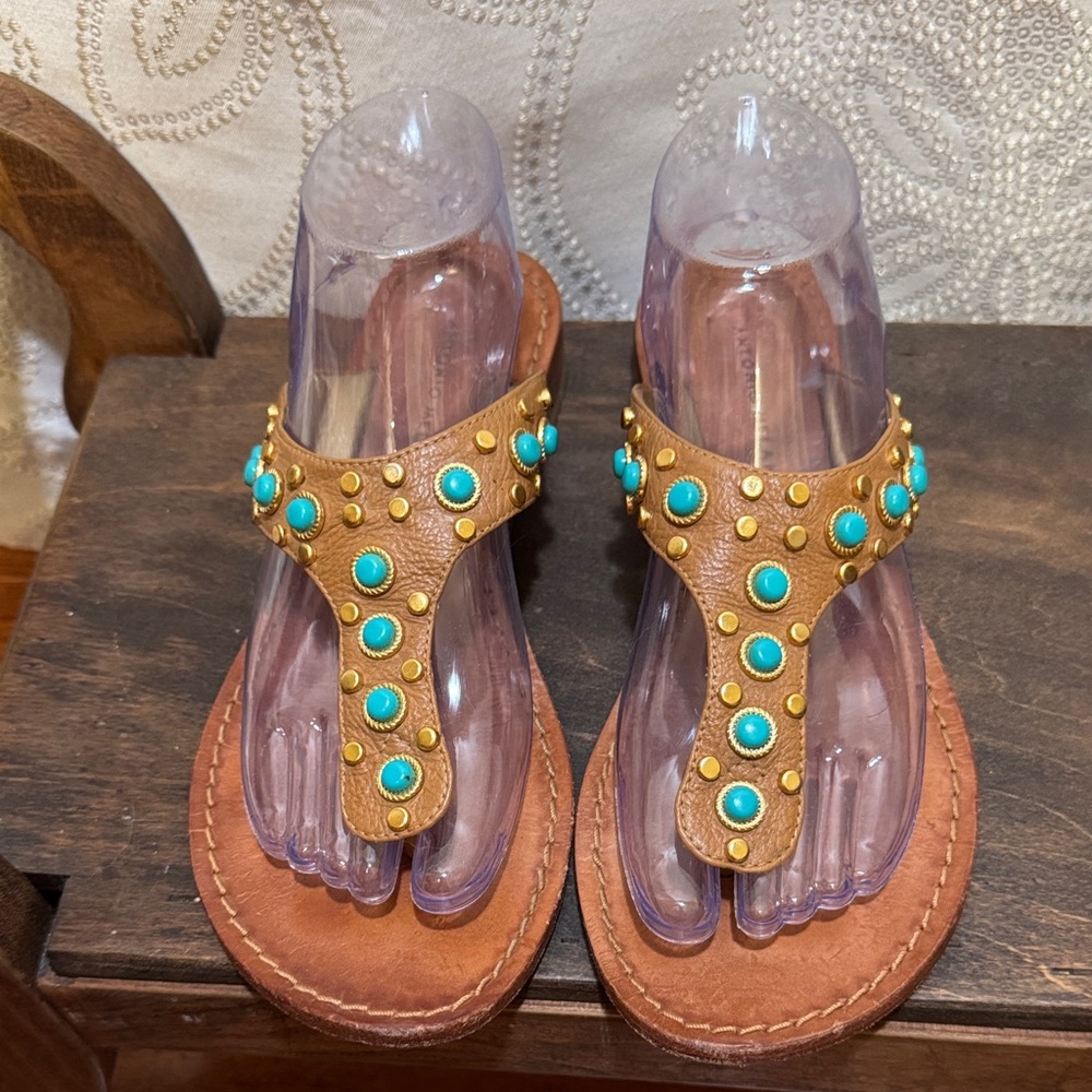 ANTONIO MELANI Womens Leather Maya Turquoise & Gold Jewel Studded Flat Sandals